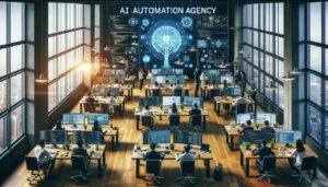 An overhead view of a team of professionals in a modern office, collaborating and working on cutting-edge technology projects. The image showcases the dynamic nature of an AI automation agency, emphasizing the keyword "AI automation agency" in the context of a diverse and skilled workforce.