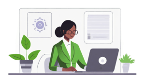 A focused female professional working on a laptop in a modern office setting, with the AI automation interface on the screen, flanked by indoor plants, reflecting the advanced workplace empowered by artificial intelligence.