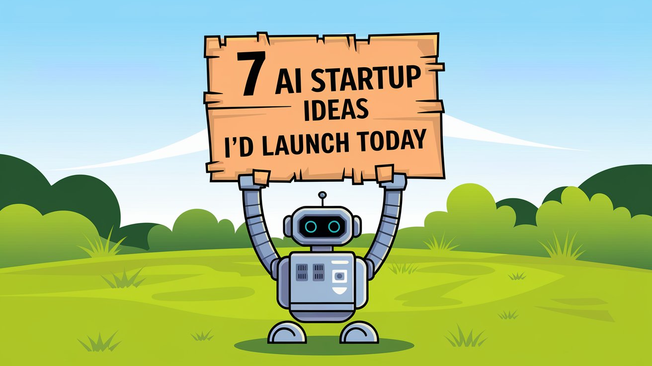 Fun and simple illustration of a robot showing a sign of 7 ai startup ideas I'd launch today.